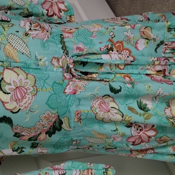 Sunday Mi Amor maxi dress light green pink printed 3 tiered size XS w split - Picture 5 of 12
